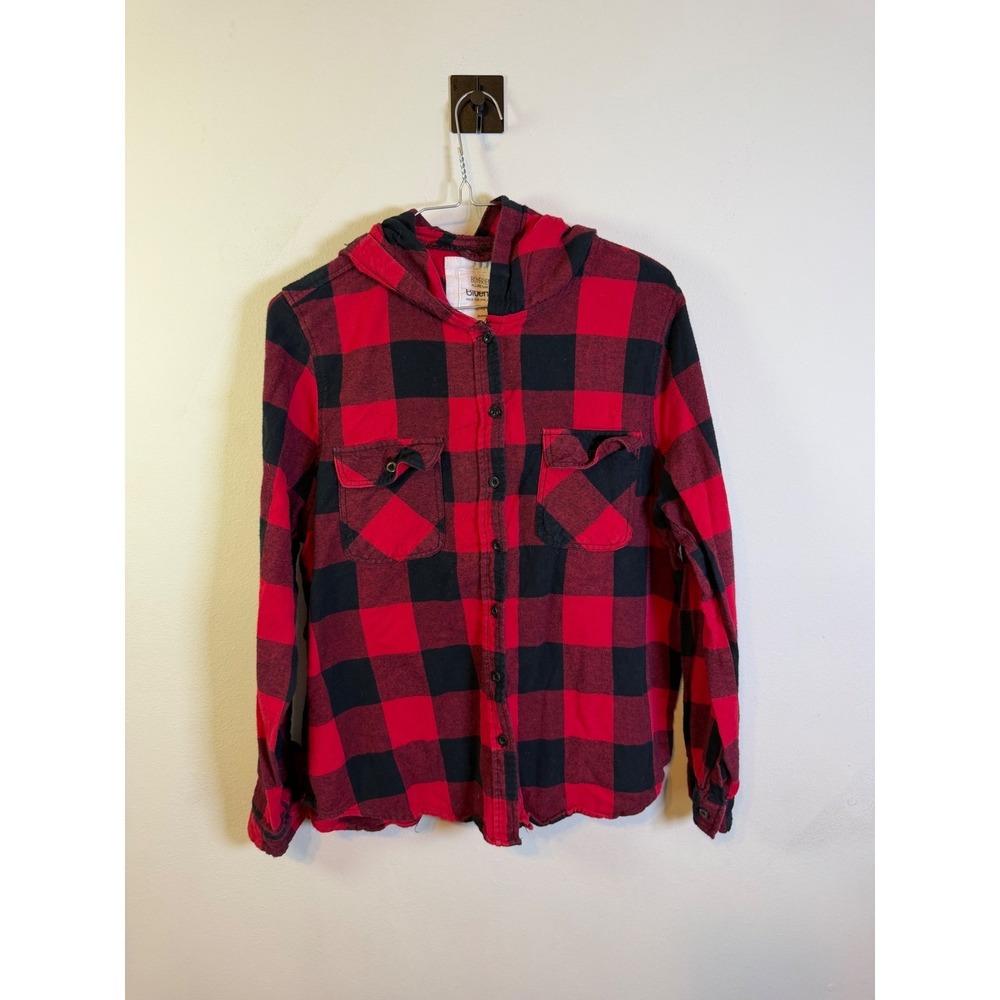 Bluenotes Womens Hooded Flannel Shirt Buffalo Plaid Red Black Large